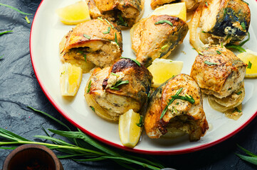 Roasted mackerel on an onion pillow