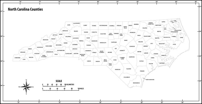 north carolina state outline administrative and political vector map in black and white