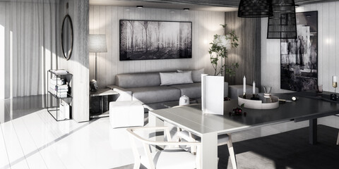 Attic Designed in White Wood with Furnitures - panoramic black and white 3D Visualization