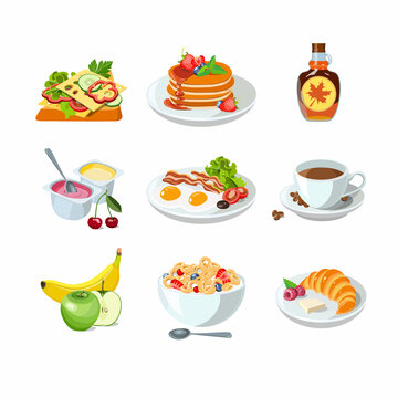 Classic hotel breakfast set with pancakes, toast and croissant, coffee and corn flakes. Menu poster with fried egg, bacon, yogurt and fruit. Brunch healthy start day options food. Vector illustration