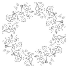 Black and white floral wreath with stylized flowers. Illustration can be used for coloring book and pictures for children.