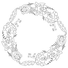 Black and white floral wreath with stylized flowers. Illustration can be used for coloring book and pictures for children.