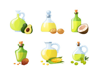 Collection of edible oils. Cooking vegetable oil for eating and beauty. Bottles with ingredients