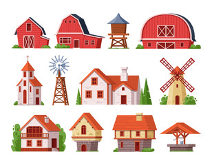 Rural buildings. Rural landscape building of bricks and wooden architectural construction for living or manufacturing. Exterior of countryside cottage, church, mill, windmill, well