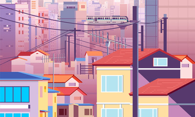 suburban view in the evening, densely populated area with tall buildings and houses, commuter line passing by