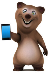 Naklejka premium Fun bear with a phone - 3D Illustration