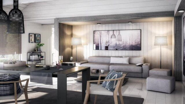 Modern Furnishings Inside an Attic Designed in White Wood - loopable 3d visualization
