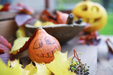 Autumn traditions and preparations for the holiday Halloween. A house in nature, a lamp made of pumpkins is cutting out at the table.