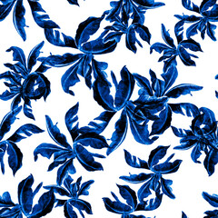 Cobalt Banana Leaf Painting. Navy Isolated Foliage. Indigo Seamless Jungle. Blue Pattern Wallpaper. Azure Watercolor Design. Tropical Print. Botanical Jungle.