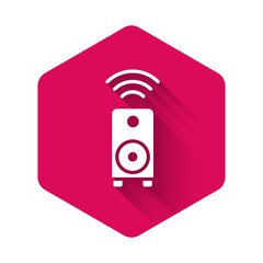 White Smart stereo speaker system icon isolated with long shadow. Sound system speakers. Internet of things concept with wireless connection. Pink hexagon button. Vector