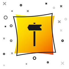 Black Road traffic sign. Signpost icon isolated on white background. Pointer symbol. Isolated street information sign. Direction sign. Yellow square button. Vector