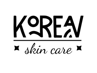 Lettering Korean skin care,isolated on white background. Ready-made logo in hand drawn style for cosmetic Korean store. Vector illustration. Black and white design