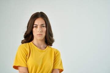 cheerful brunette yellow t-shirts modern style smile