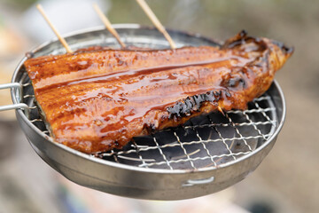 アウトドアで調理するうなぎの蒲焼