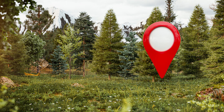 Surreal 3d Illustration of a Big Red Pointer in the Middle of Wild Forest.