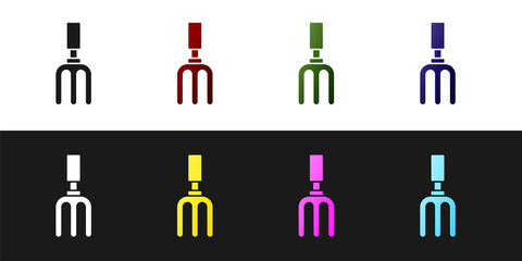 Set Garden rake icon isolated on black and white background. Tool for horticulture, agriculture, farming. Ground cultivator. Vector