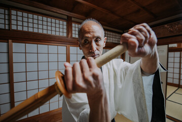 Senior martial art master in his dojo