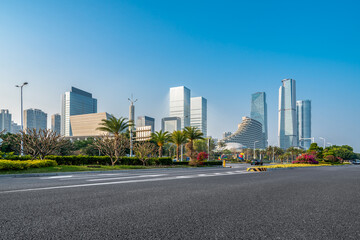 Central business district, roads and skyscrapers, Xiamen, China.