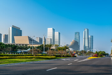 Central business district, roads and skyscrapers, Xiamen, China.