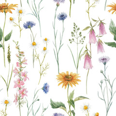 Beautiful seamless floral pattern with hand drawn watercolor gentle wild field flowers cornflower. Stock illuistration.