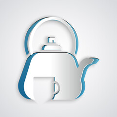 Paper cut Traditional tea ceremony icon isolated on grey background. Teapot with cup. Paper art style. Vector