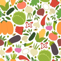 Seamless pattern with cartoon vegetables, decor elements. colorful vector. hand drawing, flat style. design for fabric, print, textile, wrapper