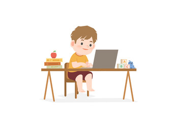 The boy stay home and studying at home, learning online internet network with laptop computer, sitting at a desk and a book pile, apple, toy illustration vector on white background. Education concept.