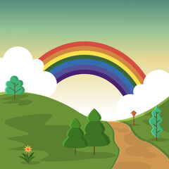 Beautiful Rainbow Summer Hills Street Nature Landscape Illustration