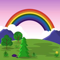 Beautiful Rainbow Summer Mountain Meadow Nature Landscape Illustration