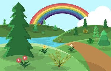 Beautiful Rainbow Summer Hills Lake Nature Landscape Illustration