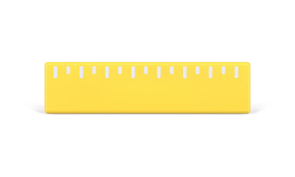 Yellow 3d ruler icon vector illustration. Plastic volumetric tool for accurate measurement of length and width.