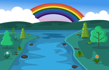 Fototapeta na wymiar Beautiful Rainbow Summer Hills River Nature Landscape Illustration