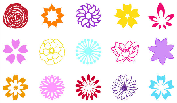 Colorful flower icons set of 15 flowers