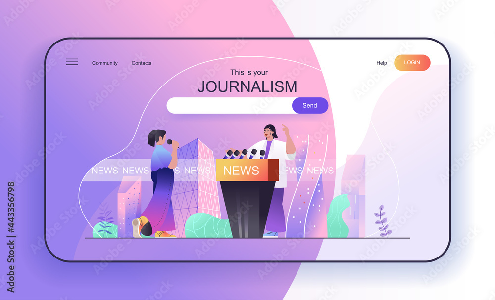 Aufkleber This is your Journalism concept for landing page. Journalist takes commentary or interview, host of news in tv studio web banner template. Vector illustration in flat cartoon design for web page