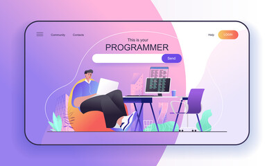 This is your Programmer concept for landing page. Developer works at laptop, writes code on computer, creates programs web banner template. Vector illustration in flat cartoon design for web page