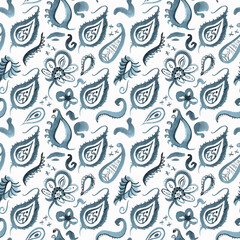 Seamless pattern with blue decorative elements drawn. Texture for wrapping paper, fabric, cards, wallpaper and packaging. 
