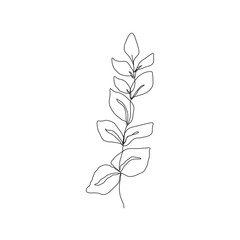 Leaves Branch Line Art Drawing. Floral Minimalist Contour Drawing. One Line llustration. Simple Plant Black Sketch Isolated on White Background. Vector EPS 10