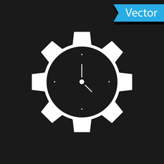 White Time Management icon isolated on black background. Clock and gear sign. Productivity symbol. Vector