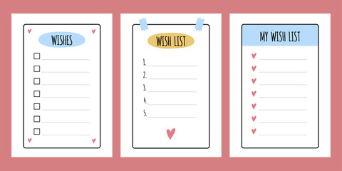 Wish list elements for bullet journal. Page template with check boxes and numbers. Wishlist. Vector illustration isolated.