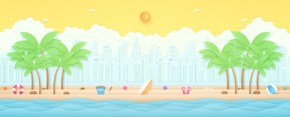 Summer Time, tropical landscape, wavy sea with coconut trees and summer stuff on beach, cityscape and cloud background, bright sun and sunny sky, paper art style