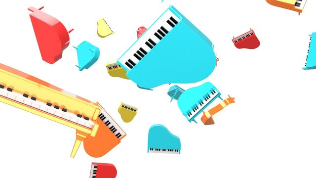 Many colorful pianos on white background.
3D rendered abstract animation.

