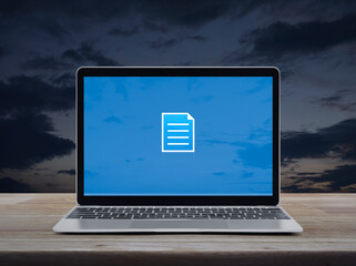 Document flat icon with modern laptop computer on wooden table over sunset sky, Technology communication online concept