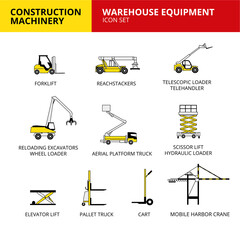 Warehouse equipment machinery vehicle and transport car construction machinery icons set vector