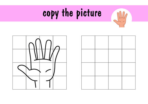 Draw a hand using an example. Children s mini-game on A4 paper. Copy the picture of the hand using the grid lines, a simple toddler game with an easy level of play, drawing for kids
