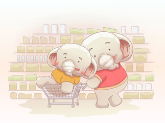 two elephant brothers are shopping and having fun