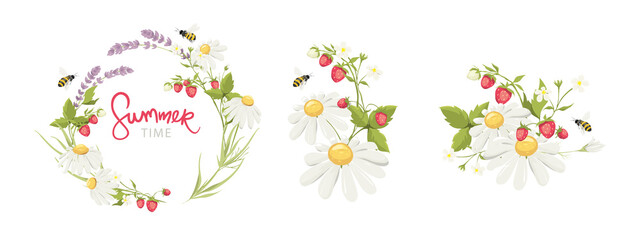 Decor for Wedding invitation with lavender, chamomile, strawberry and bees. Set vector design elements on the theme of flowering and summer.	