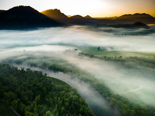 Scenic View Over Pieniny Mountains and Dunajec River Ffrom Above Clouds and Fog