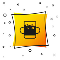 Black Cup of tea and leaf icon isolated on white background. Yellow square button. Vector