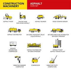 Asphalt machinery vehicle and transport car construction machinery icons set vector