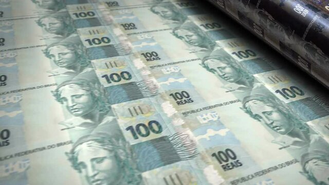 Brazilian Real money banknotes printing roll machine. Paper BRL bank note print 3d looping seamless. Abstract concept of banking, debt, income, finance, economy and crisis.